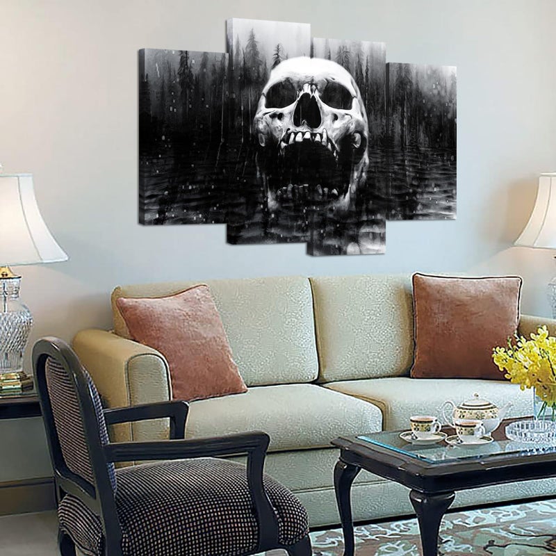 iHAPPYWALL Halloween Day of Dead Skull in Dark Foggy Lake Abstract Black and White Contemporary Picture Print 4 Panel Large Canavs for Modern Home Decoration Ready to Hang - Image 4
